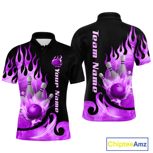 Purple Flame Bowling Team Shirt for Men Bowling League Jersey Polo & 1/4 Zip Bowling Outfit QZT782