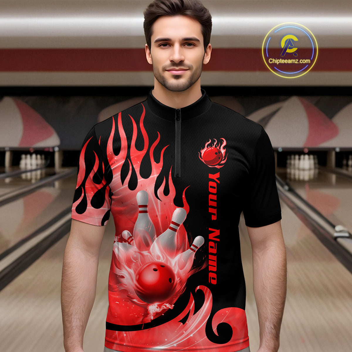 Red Flame Bowling Team Shirt for Men Bowling League Jersey Polo & 1/4 Zip Bowling Outfit QZT782
