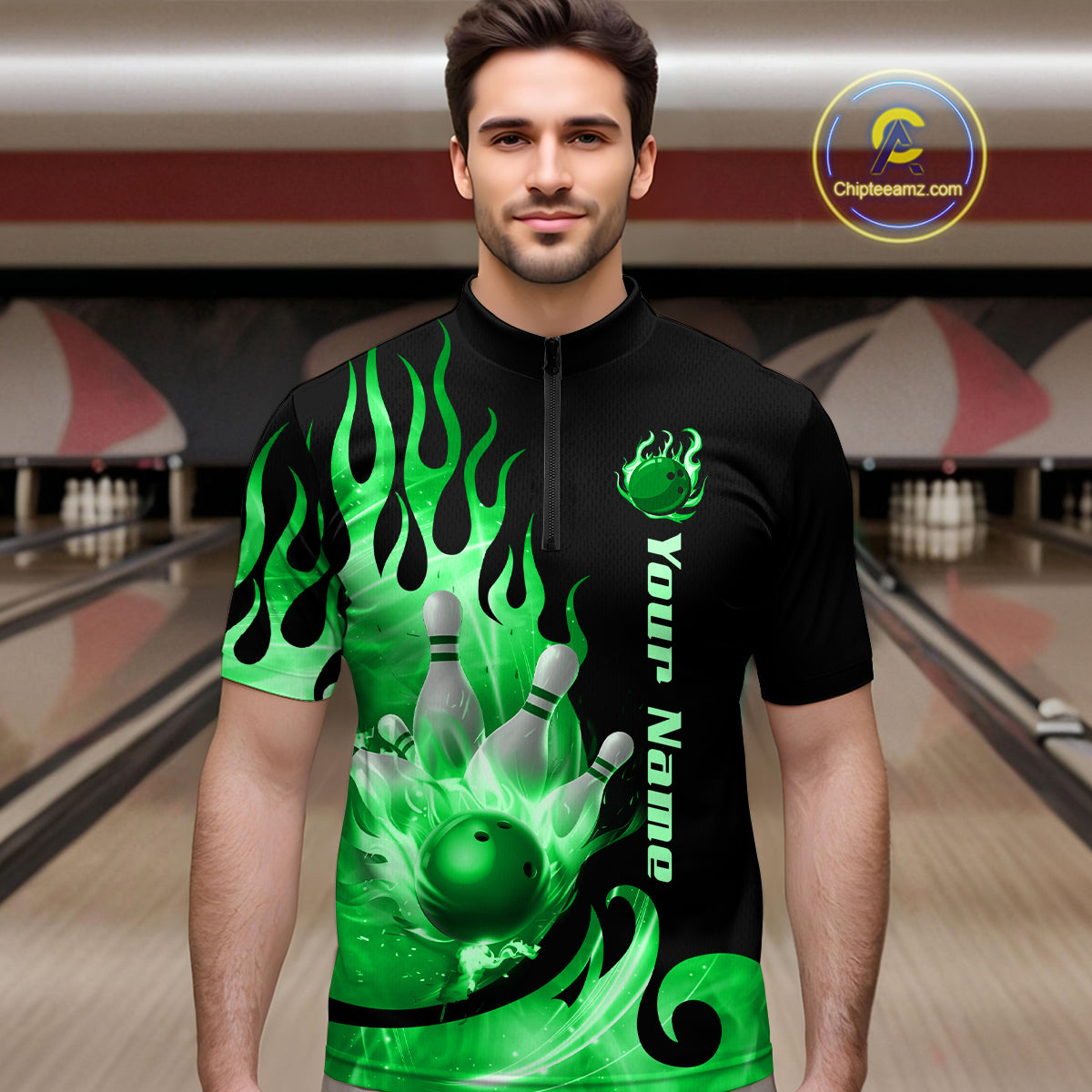 Green Flame Bowling Team Shirt for Men Bowling League Jersey Polo & 1/4 Zip Bowling Outfit QZT782