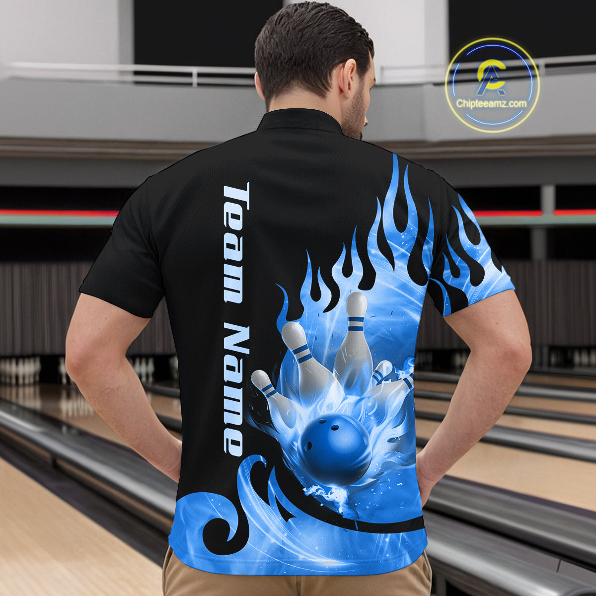 Blue Flame Bowling Team Shirt for Men Bowling League Jersey Polo & 1/4 Zip Bowling Outfit QZT782