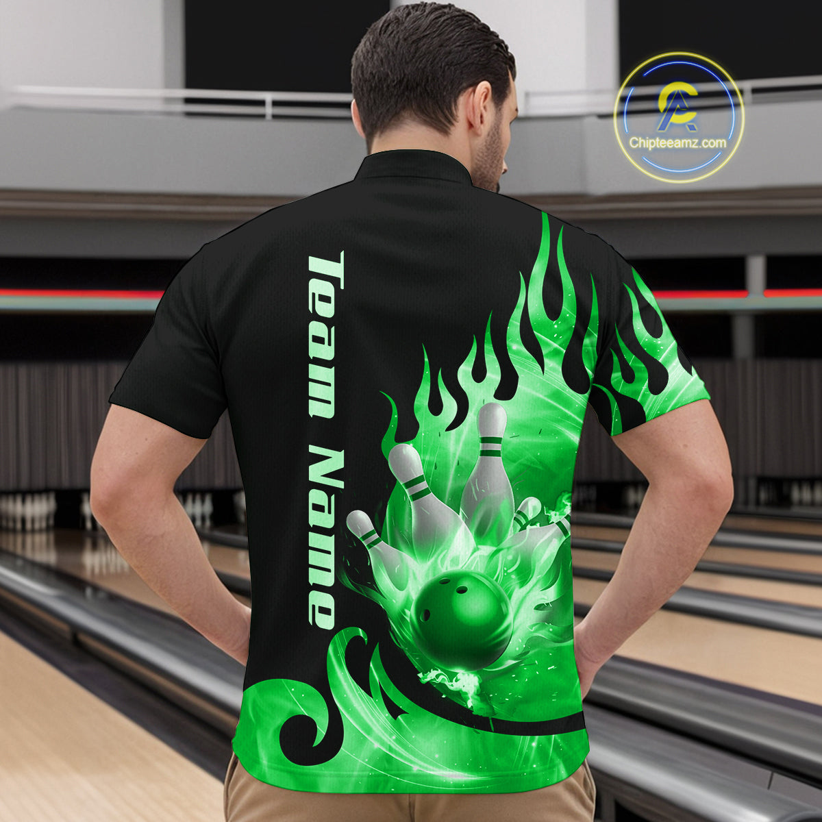 Green Flame Bowling Team Shirt for Men Bowling League Jersey Polo & 1/4 Zip Bowling Outfit QZT782