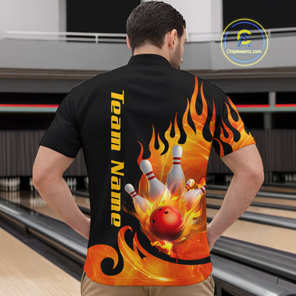 Orange Flame Bowling Team Shirt for Men Bowling League Jersey Polo & 1/4 Zip Bowling Outfit QZT782