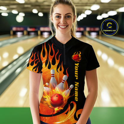Orange Flame Bowling Team Shirt for Women Bowling League Jersey Polo & 1/4 Zip Bowling Outfit QZT782