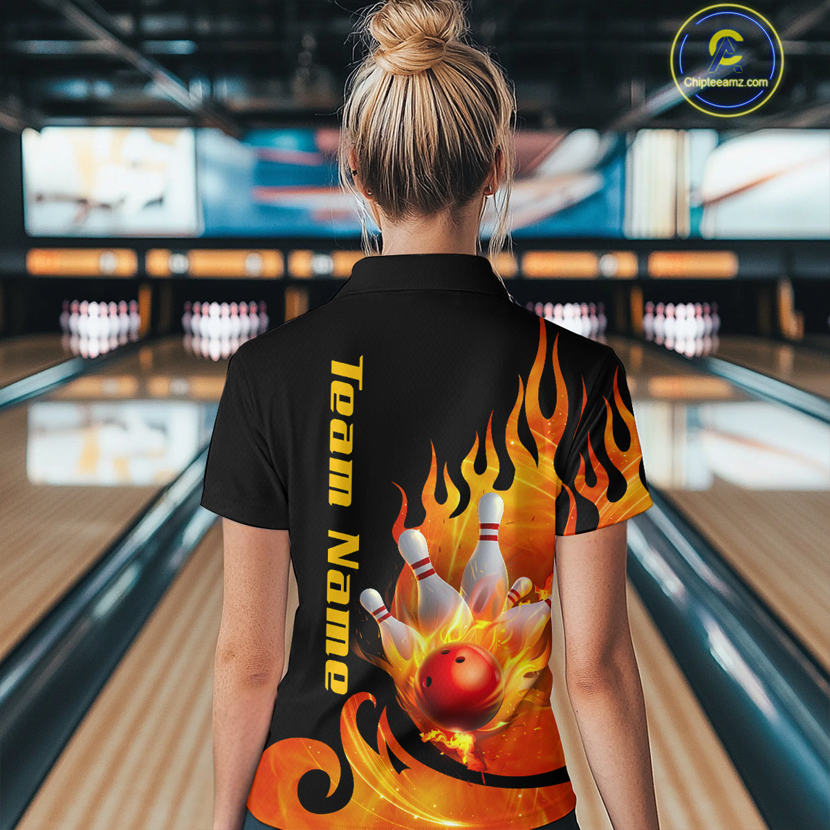 Orange Flame Bowling Team Shirt for Women Bowling League Jersey Polo & 1/4 Zip Bowling Outfit QZT782