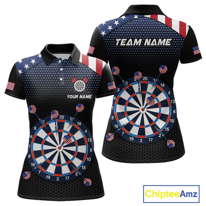 Front and back view of a custom patriotic dart polo shirt featuring an American flag dartboard graphic with personalized team name and player name.