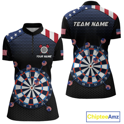 Front and back view of a custom patriotic dart quarter zip featuring an American flag dartboard graphic with personalized team name and player name.