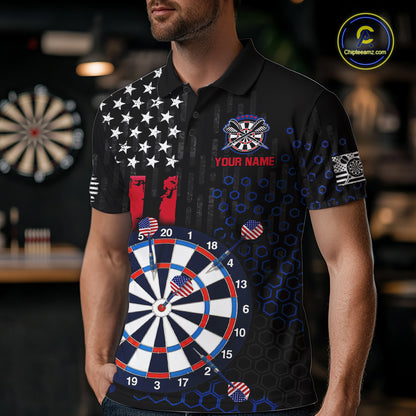 Male model wearing a custom black darts polo shirt featuring an American flag star pattern, a large dartboard graphic, and customizable 'YOUR NAME' text on the chest