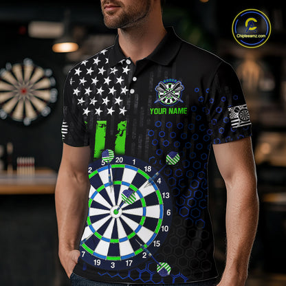 Male model wearing a custom black darts polo shirt featuring an green American flag star pattern, a large dartboard graphic, and customizable 'YOUR NAME' text on the chest