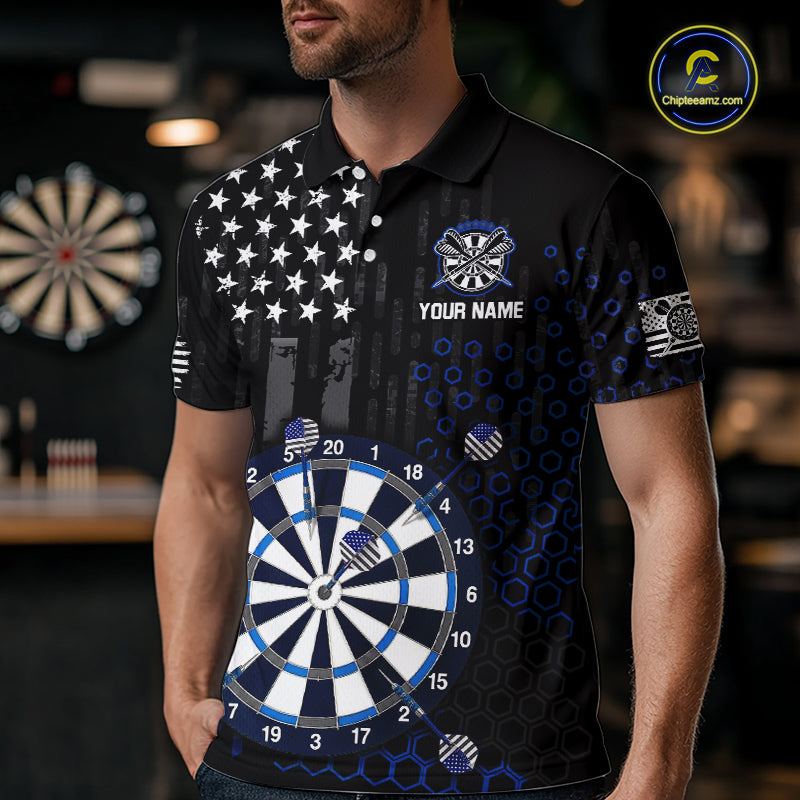 Male model wearing a custom black darts polo shirt featuring an grey American flag star pattern, a large dartboard graphic, and customizable 'YOUR NAME' text on the chest