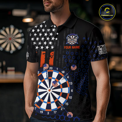 Male model wearing a custom black darts polo shirt featuring an American flag star pattern, a large dartboard graphic, and customizable 'YOUR NAME' text on the chest