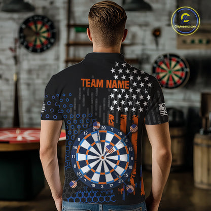 Back view of a male model wearing a custom black darts polo shirt featuring an American flag design, a large dartboard graphic, and 'TEAM NAME' printed in orange