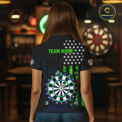 Back view of a female model wearing a custom black darts polo shirt featuring an American flag design, a large dartboard graphic, and 'TEAM NAME' printed in green