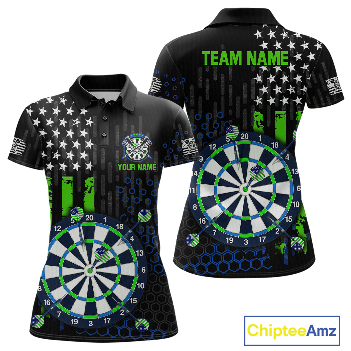 Custom darts polo shirt for women with green American flag design and dartboard graphic, personalized team name and player name by ChipteeAmz