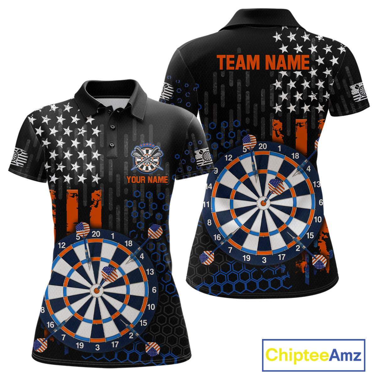 Custom darts polo shirt for women with American flag design and dartboard graphic, personalized team name and player name by ChipteeAmz