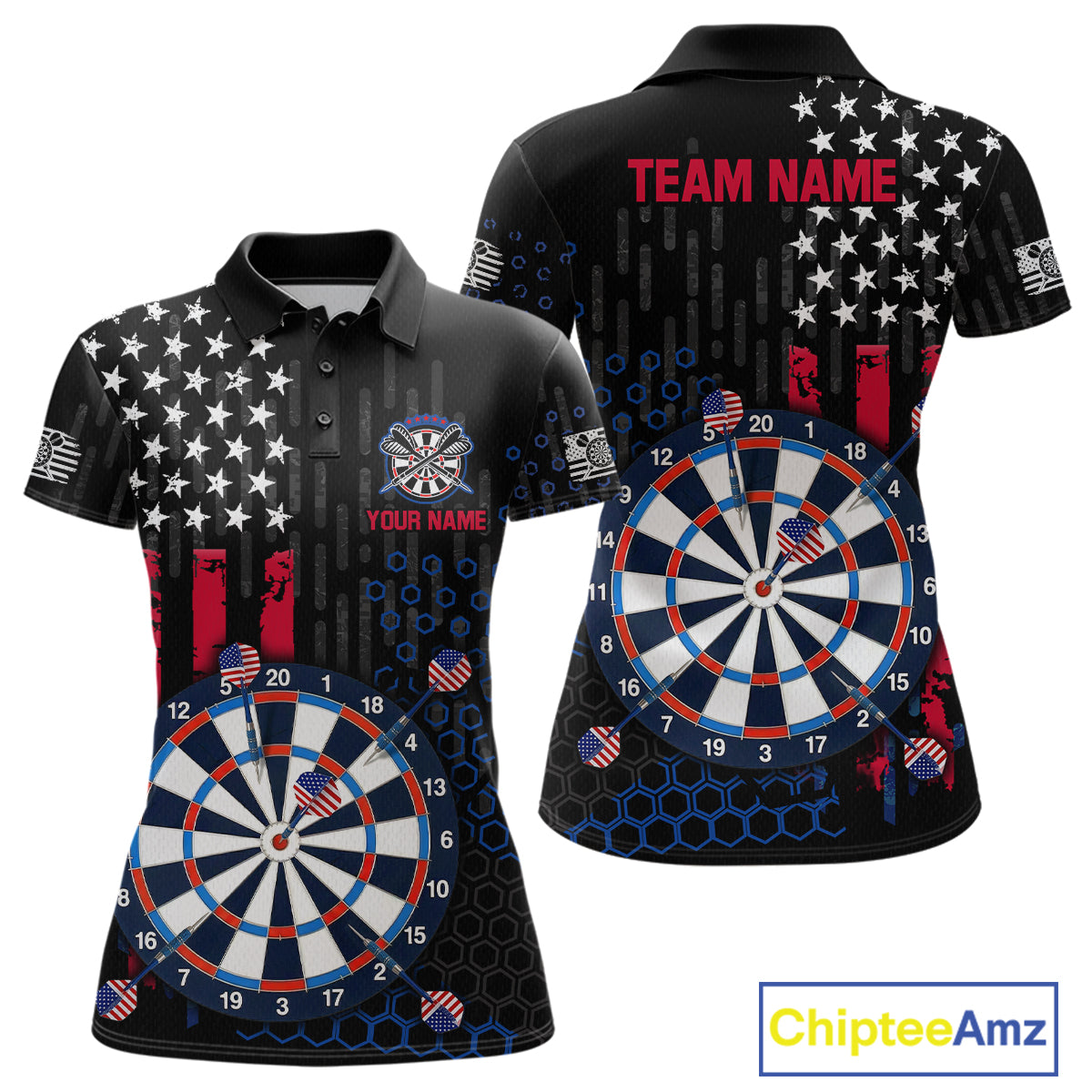 Custom darts polo shirt for women with American flag design and dartboard graphic, personalized team name and player name by ChipteeAmz