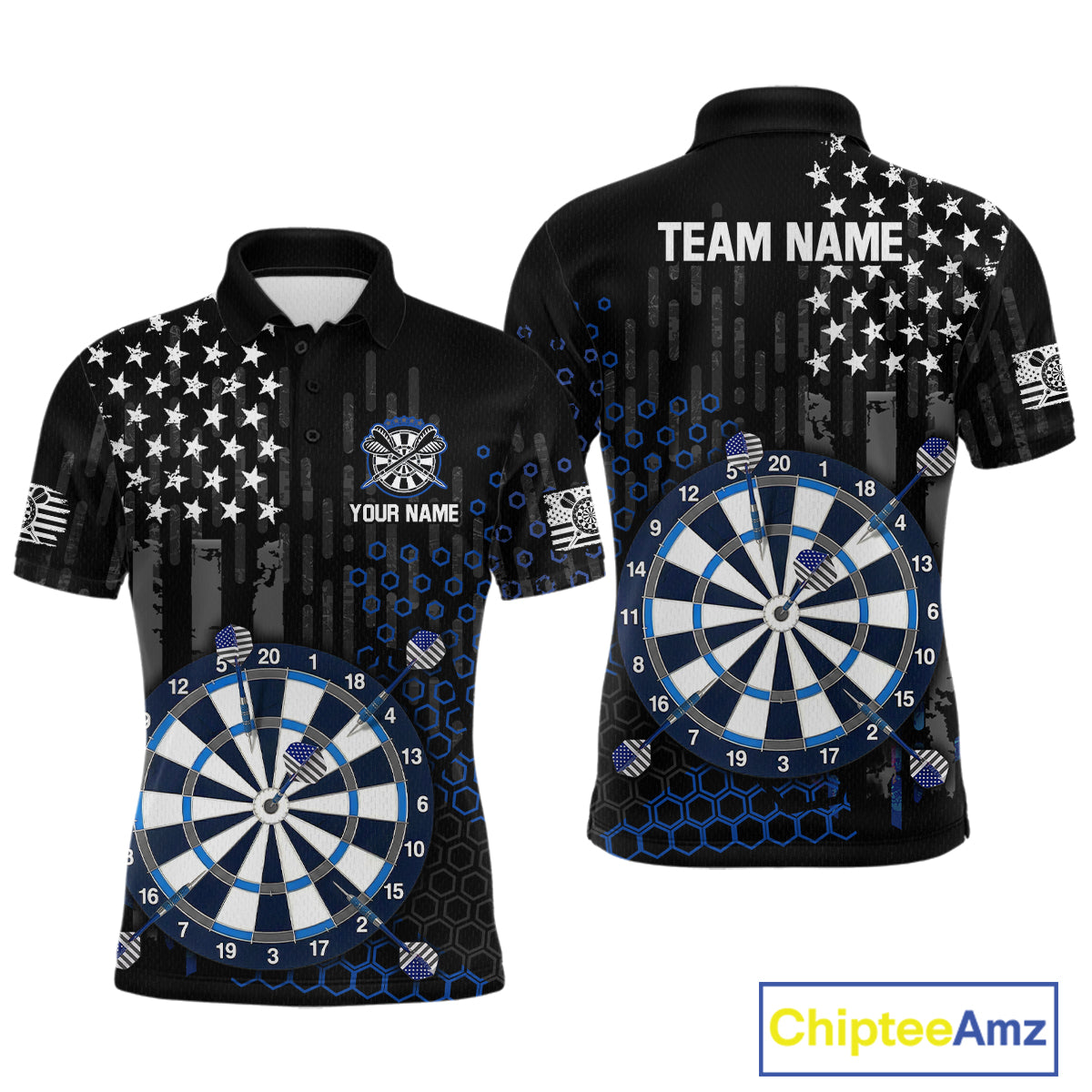Custom darts polo shirt for men with grey American flag design and dartboard graphic, personalized team name and player name by ChipteeAmz