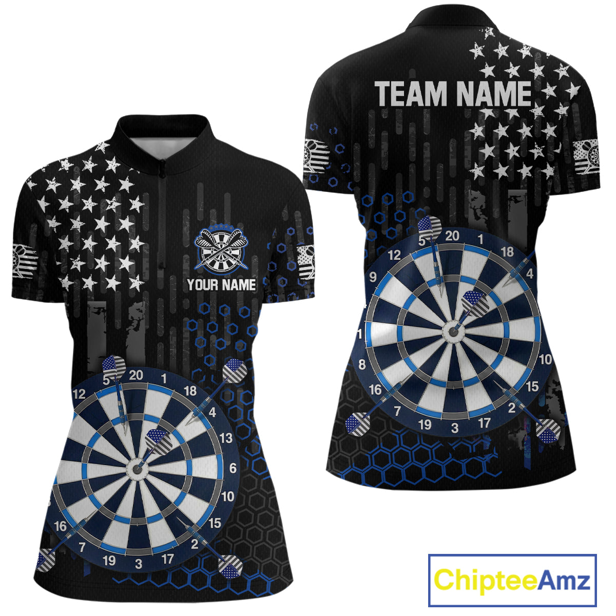 Custom darts quarter-zip jersey for women with grey American flag design and dartboard graphic, personalized team name and player name by ChipteeAmz
