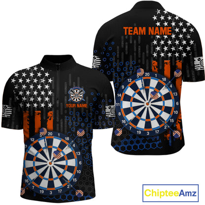 Custom darts quarter-zip jersey for men with American flag design and dartboard graphic, personalized team name and player name by ChipteeAmz