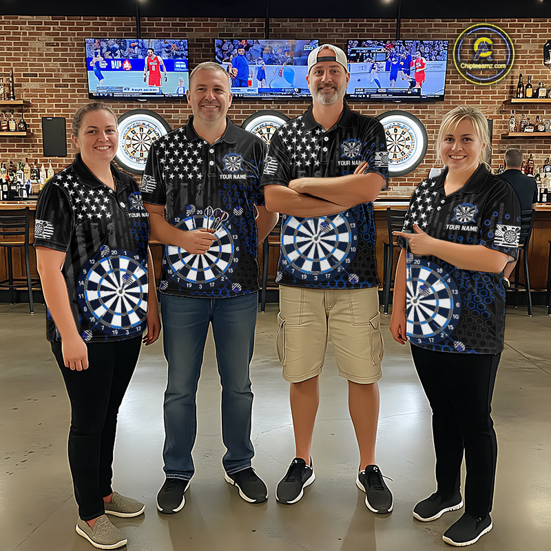 Group of four people in a sports bar wearing matching custom black darts team polo shirts featuring an grey American flag and dartboard design.