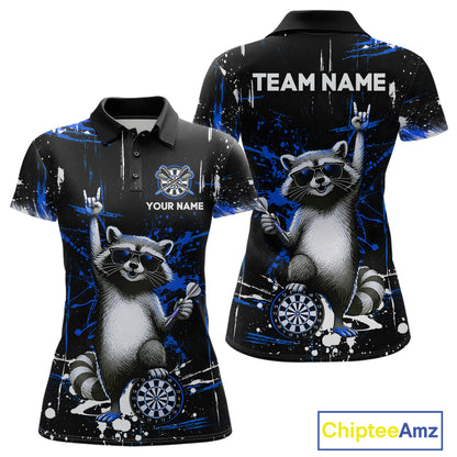 Custom Blue Funny Raccoon Dart Team Shirt for Women Dart Jersey Polo & /4-Zip Dartboard Shirt Outfit DHT29