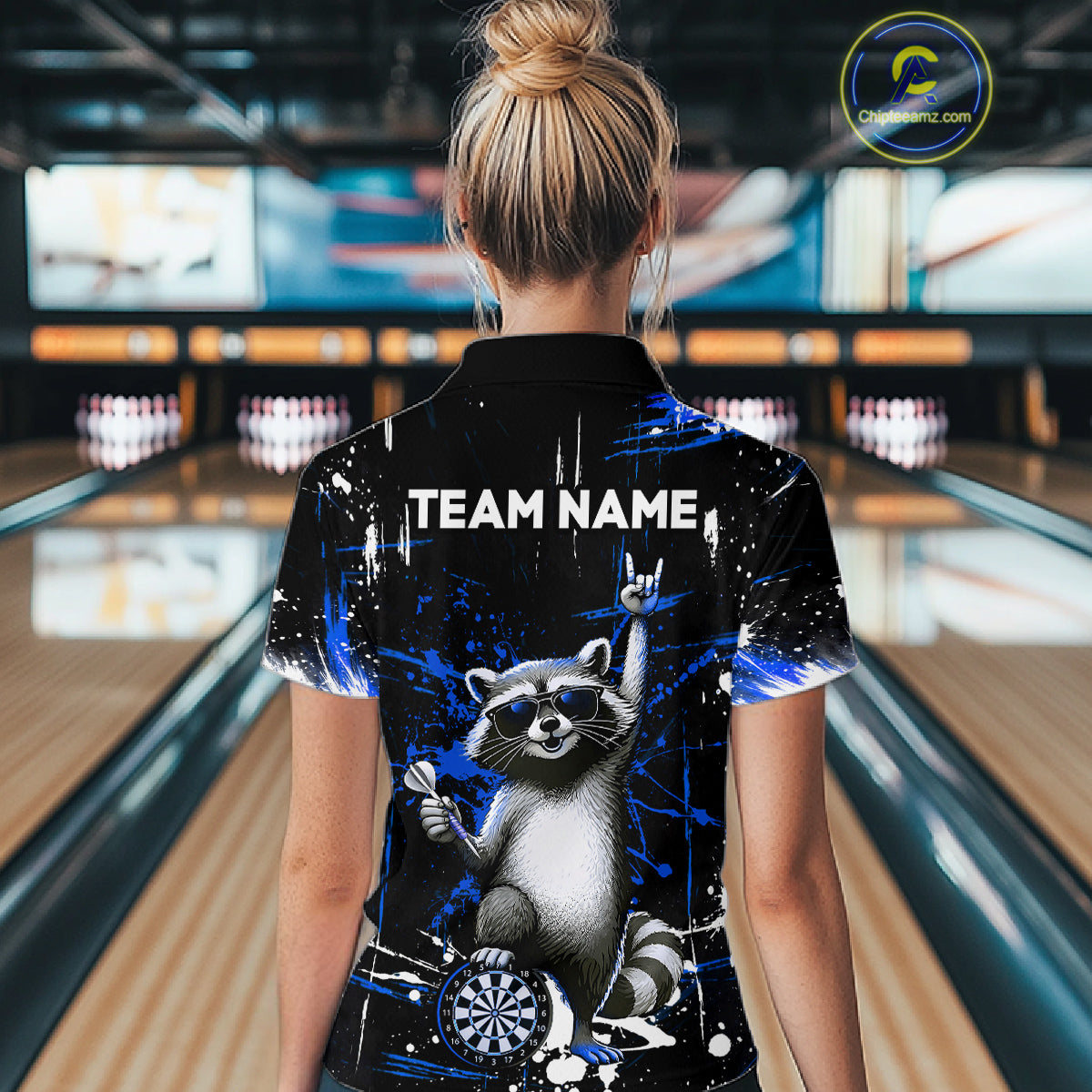 Custom Blue Funny Raccoon Dart Team Shirt for Women Dart Jersey Polo & /4-Zip Dartboard Shirt Outfit DHT29