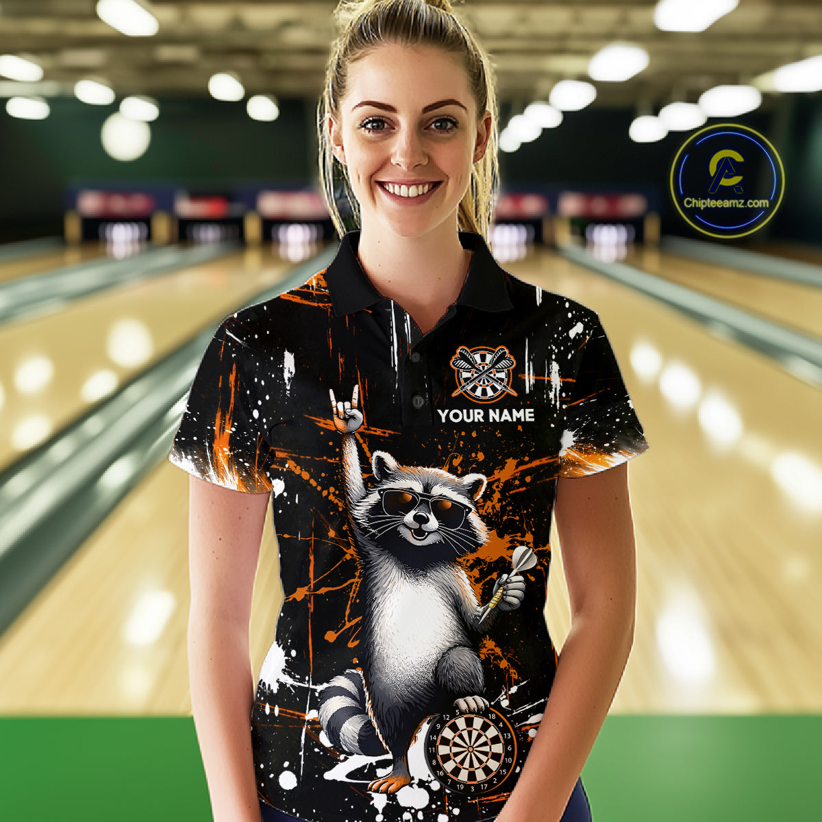 Custom Orange Funny Raccoon Dart Team Shirt for Women Dart Jersey Polo & /4-Zip Dartboard Shirt Outfit DHT29
