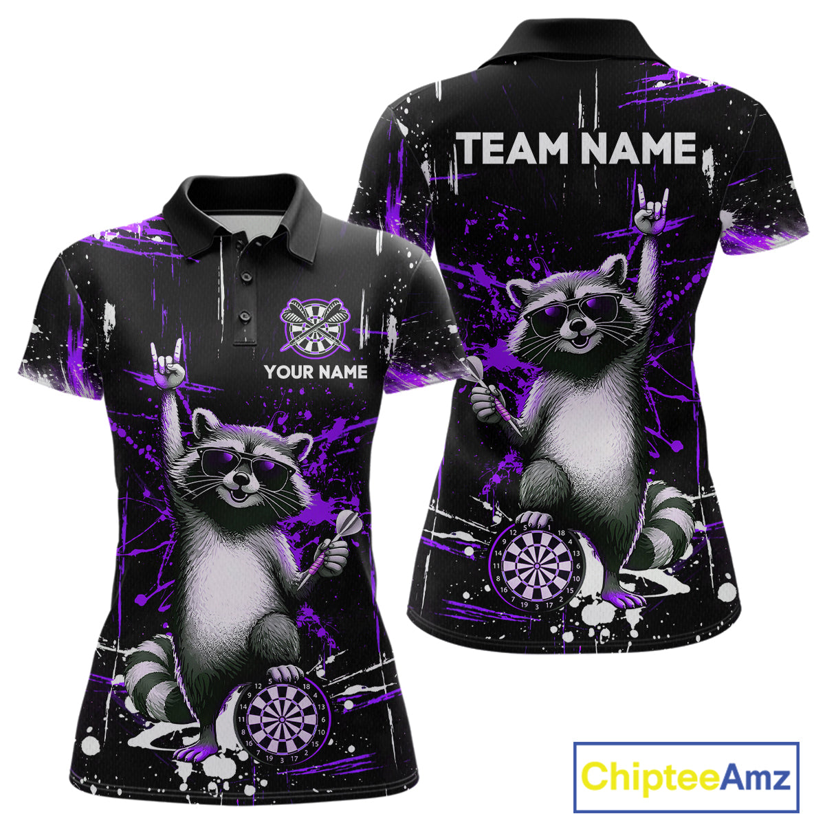 Custom Purple Funny Raccoon Dart Team Shirt for Women Dart Jersey Polo & /4-Zip Dartboard Shirt Outfit DHT29