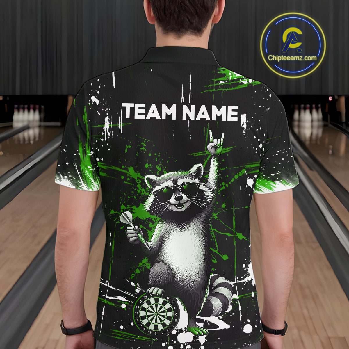 Custom Green Funny Raccoon Dart Team Shirt for Men Dart Jersey Polo & /4-Zip Dartboard Shirt Outfit DHT29