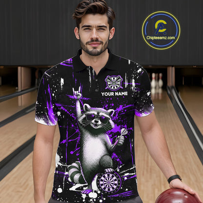 Custom Purple Funny Raccoon Dart Team Shirt for Men Dart Jersey Polo & /4-Zip Dartboard Shirt Outfit DHT29
