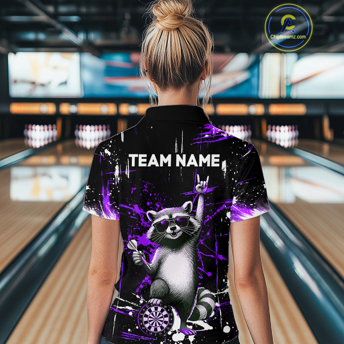Custom Purple Funny Raccoon Dart Team Shirt for Women Dart Jersey Polo & /4-Zip Dartboard Shirt Outfit DHT29