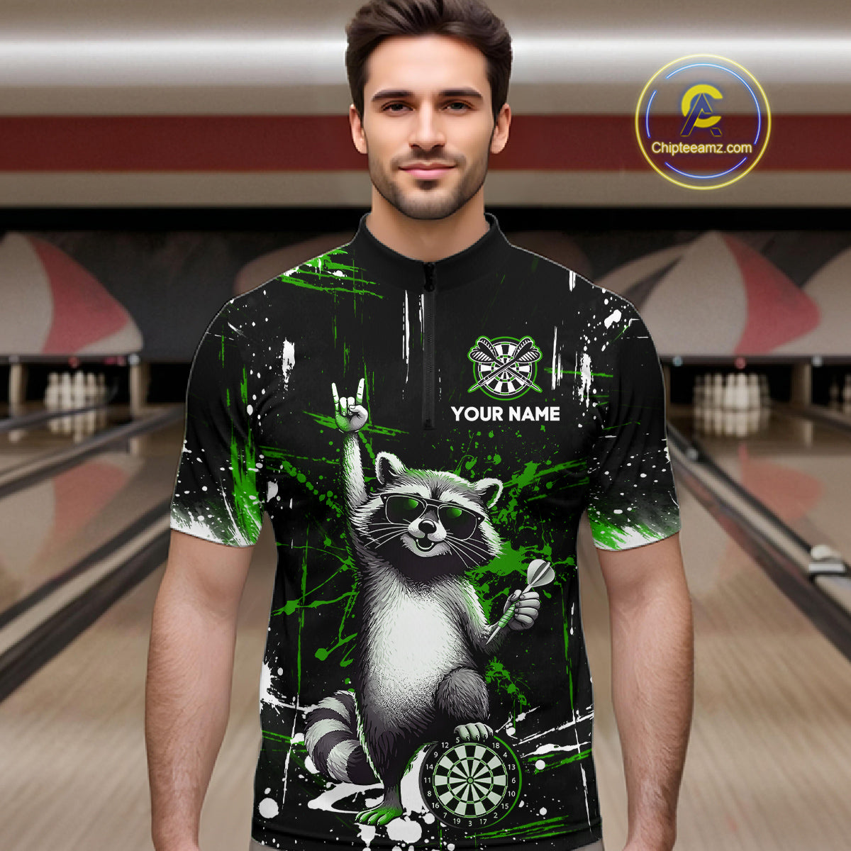 Custom Green Funny Raccoon Dart Team Shirt for Men Dart Jersey Polo & /4-Zip Dartboard Shirt Outfit DHT29