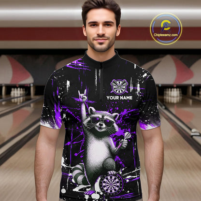 Custom Purple Funny Raccoon Dart Team Shirt for Men Dart Jersey Polo & /4-Zip Dartboard Shirt Outfit DHT29