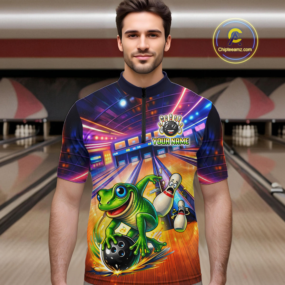 Custom Funny Frog Bowling Shirt for Men Polo & 1/4-Zip Bowling Team Jersey League QZT843