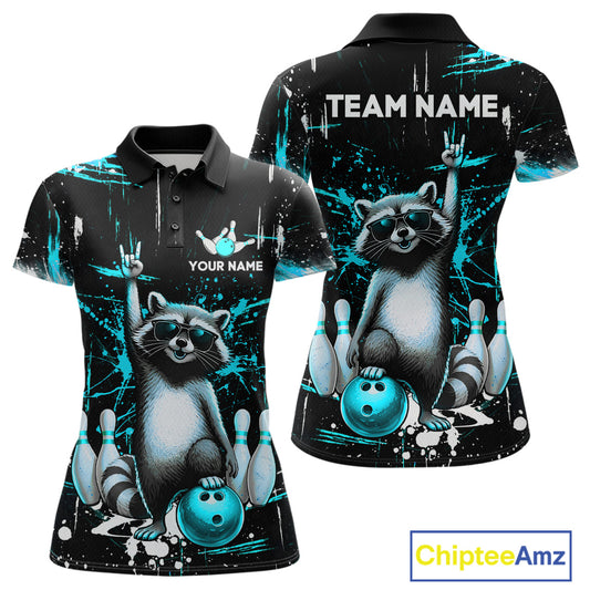 Custom Turquoise Funny Raccoon Bowling Shirt for Women Bowling Jersey Polo & 1/4-Zip Bowling Outfit QZT892