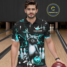 Load image into Gallery viewer, Custom Turquoise Funny Raccoon Bowling Shirt for Men Bowling Jersey Polo &amp; 1/4-Zip Bowling Outfit QZT892