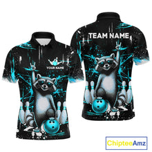 Load image into Gallery viewer, Custom Turquoise Funny Raccoon Bowling Shirt for Men Bowling Jersey Polo &amp; 1/4-Zip Bowling Outfit QZT892