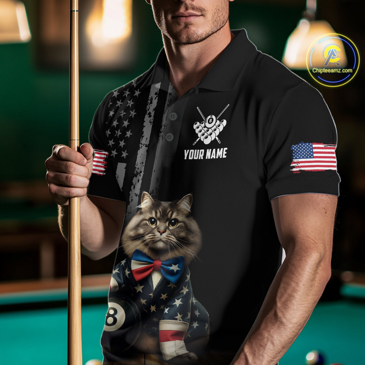 Custom American Flag Funny Cat Billiard Shirt for Men 8 Ball Pool Shirt Polo & 1/4 Zip Billiard Jersey BHT20