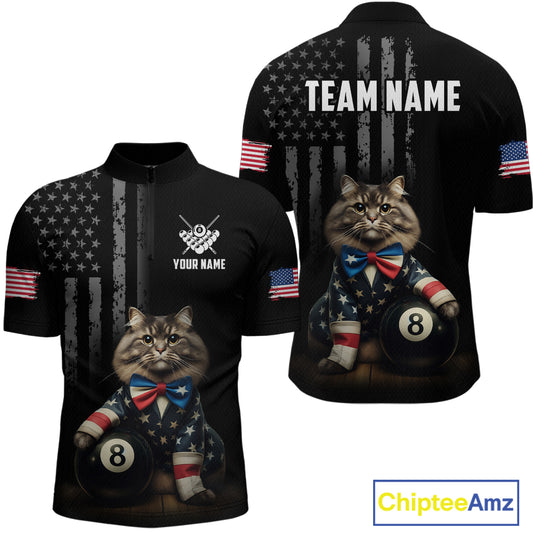 Custom American Flag Funny Cat Billiard Shirt for Men 8 Ball Pool Shirt Polo & 1/4 Zip Billiard Jersey BHT20