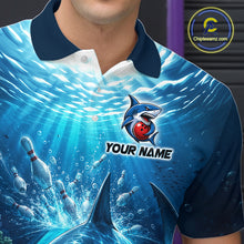 Load image into Gallery viewer, Person wearing a polo shirt with a shark and bowling design, featuring 'Chipleemz.com' logo.