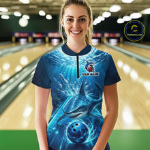 Load image into Gallery viewer, Person wearing a blue bowling shirt with shark design in a bowling alley.