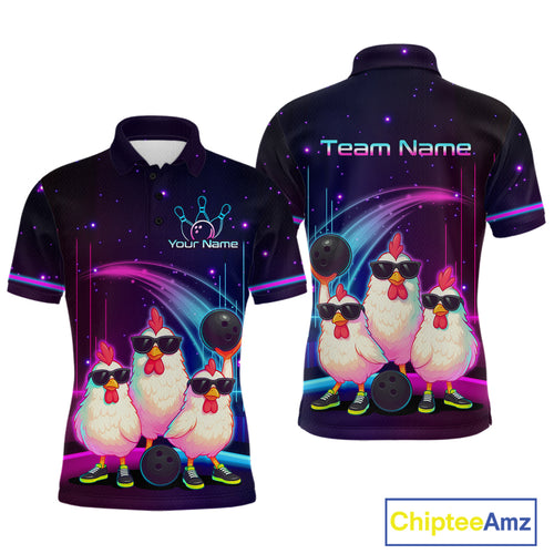 Neon Funny Family of Three Chicken Bowling Team Shirt for Men Bowling League Jersey Outfit Polo & 1/4-Zip QZT761