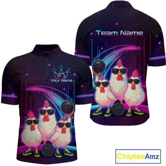 Neon Funny Family of Three Chicken Bowling Team Shirt for Men Bowling League Jersey QZT761