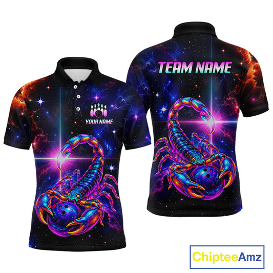 Front and back views of a short-sleeve polo shirt featuring a vibrant cosmic space design with a large colorful scorpion graphic. The shirt has a black base with purple, blue, and orange nebula patterns, customizable text placeholders on the chest and back, and is shown on a plain white background with a 'ChipteeAmz' logo in the bottom right corner.