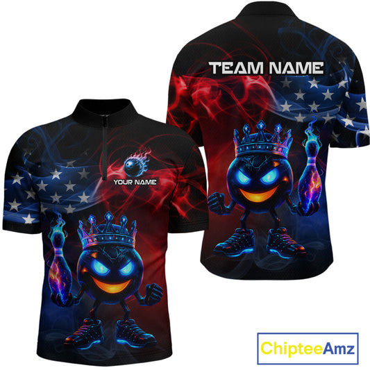 Custom American Flag Bowling Shirt Hero Bowling Ball Pin Polo & 1/4 Zip Bowling Jersey for Men QZT800