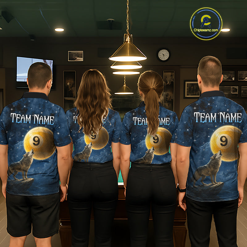Four people wearing matching shirts with a design of a wolf, number 9, and 'Team Name' text in a pool hall.