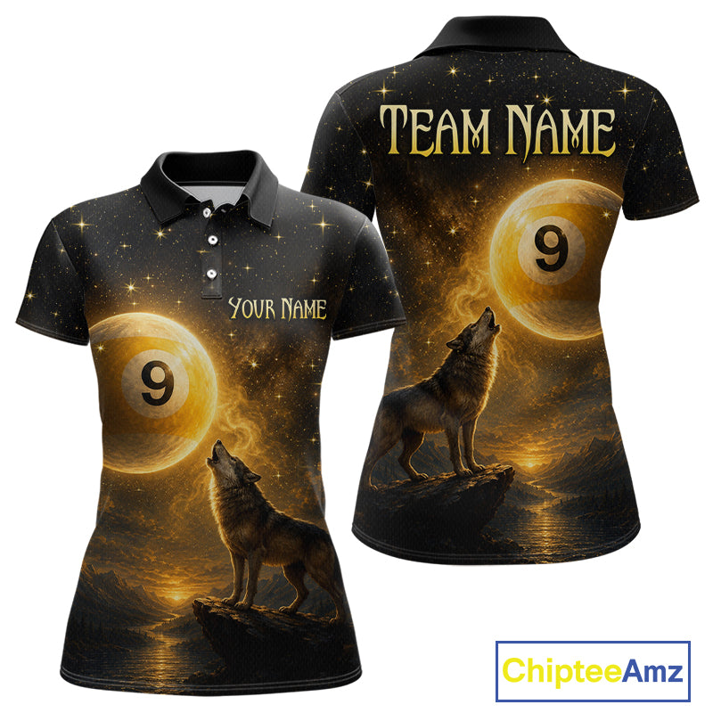 Customizable short-sleeve polo shirt shown from the front and back, featuring a black background with a glowing gold pool ball, a howling wolf, and gold text placeholders reading 'TEAM NAME' and 'YOUR NAME'.
