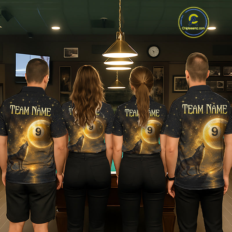 Four people standing with their backs to the camera in a dimly lit indoor setting, wearing matching custom-printed dark blue and black short-sleeve jerseys with a gold pool ball graphic, wolf howling silhouettes, and 'TEAM NAME' text on the back.