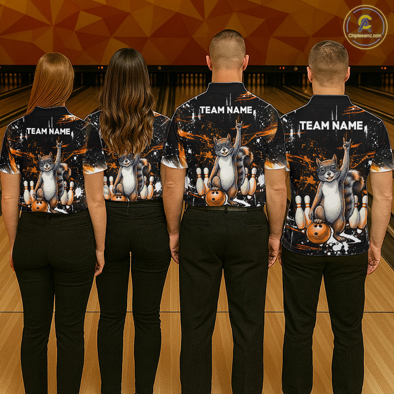 Custom Orange Funny Squirrel Bowling Shirt for Men Bowling Team League Polo & 1/4-Zip Bowling Outfit QZT982