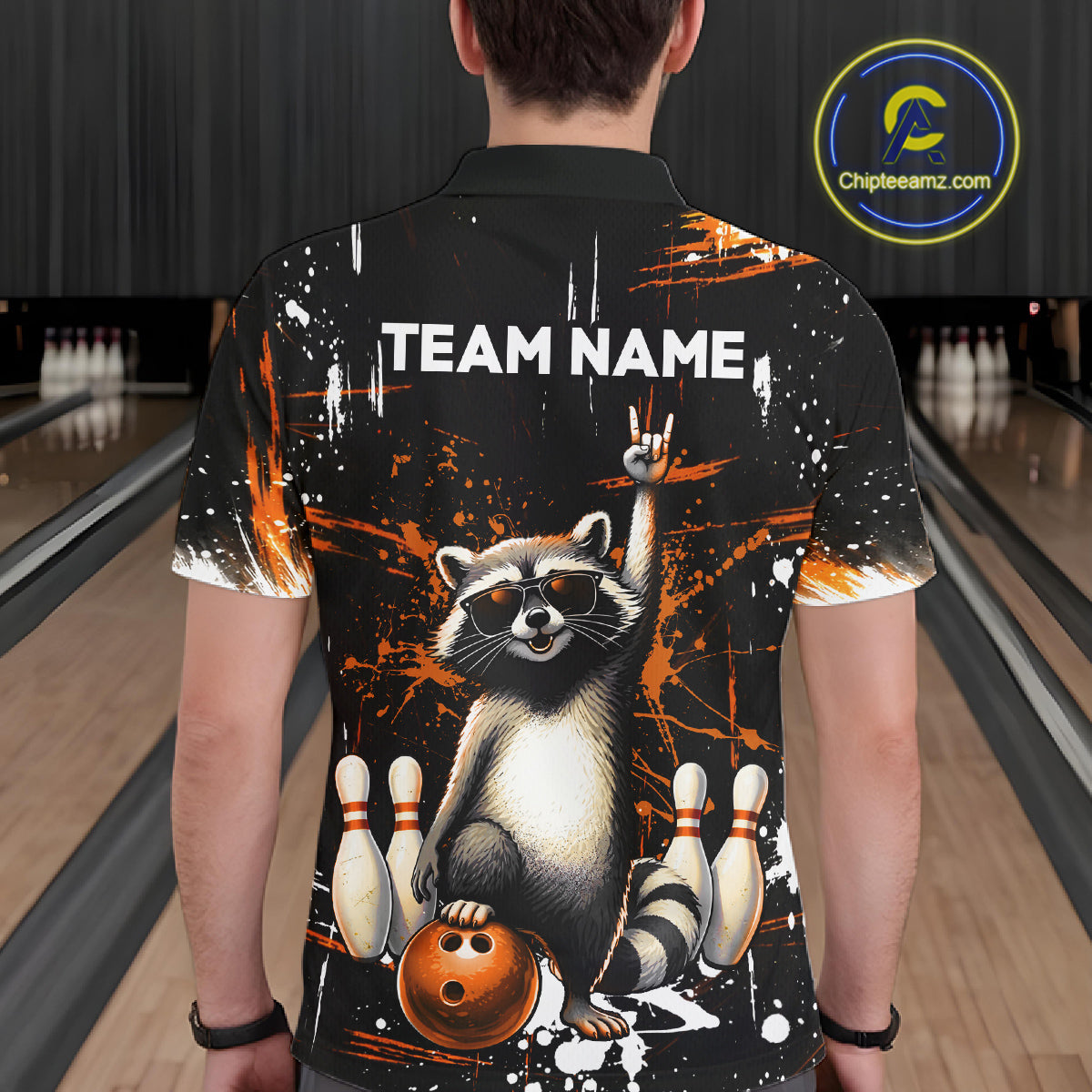 Orange Funny Raccoon Bowling Team Shirt Customized Bowling League Polo & 1/4 Zip Gift for Men QZT852