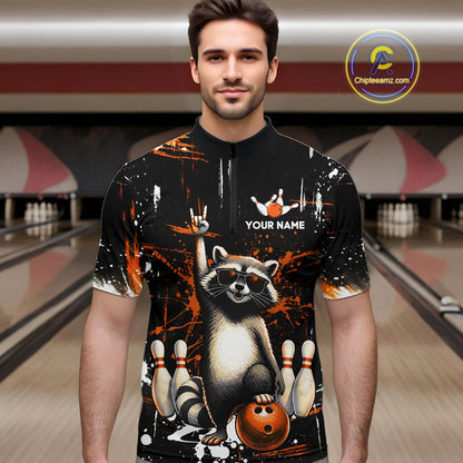 Orange Funny Raccoon Bowling Team Shirt Customized Bowling League Polo & 1/4 Zip Gift for Men QZT852